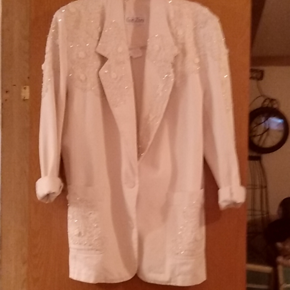 Embellished white denim jacket